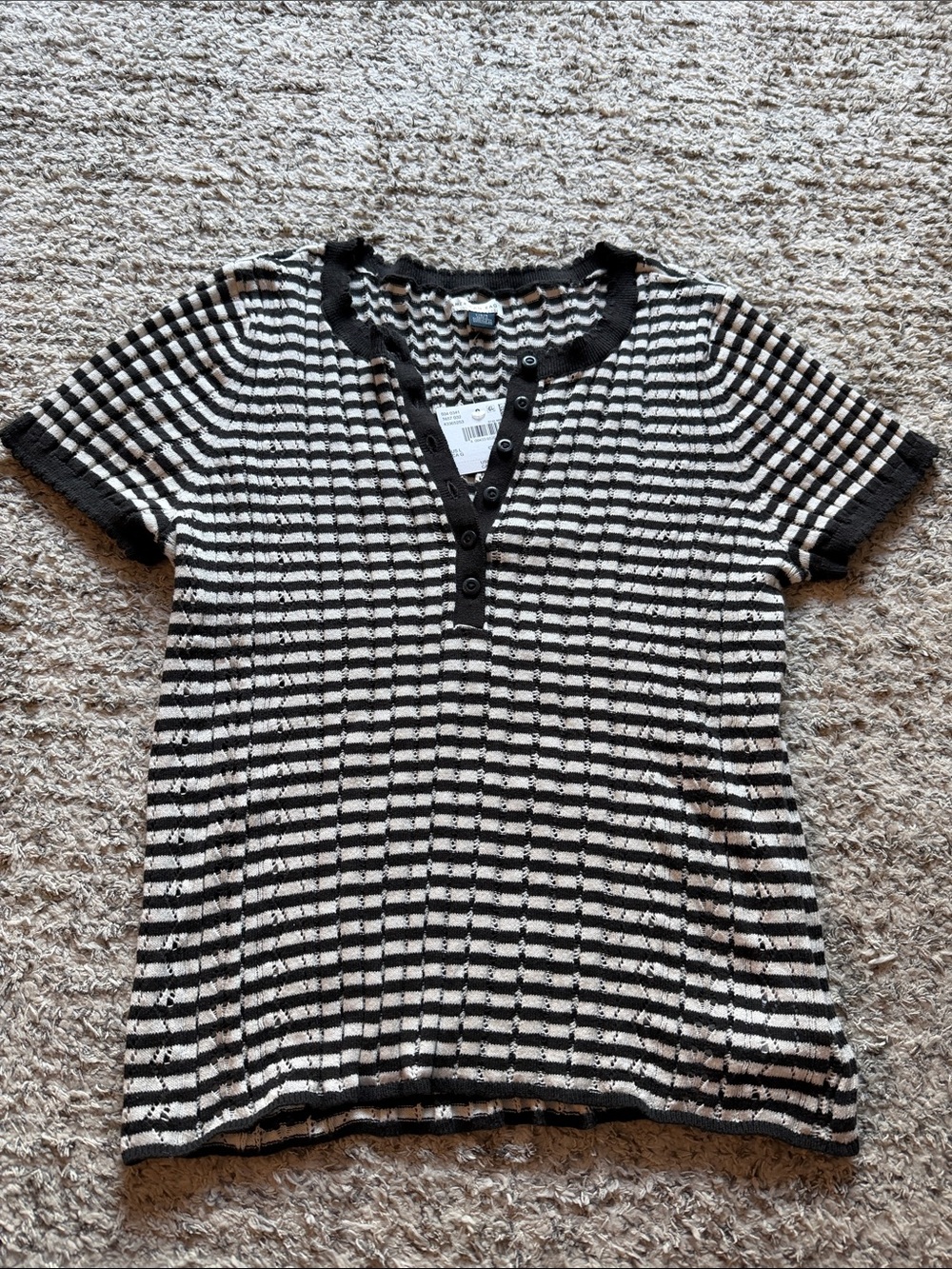 American Eagle Outfitters Black and White Striped Short Sleeve Henley